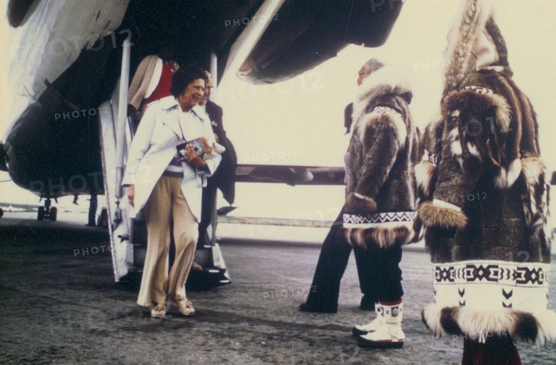 Early 1970s - Visitor to Kotzebue being greeted by Eskimos working for local tour group