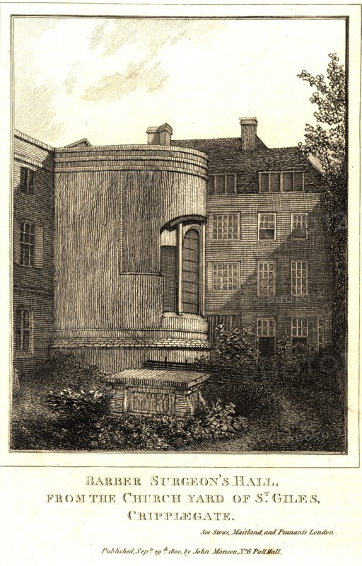 Barber Surgeon's Hall, from the church yard of St. Gules, Cripplegate ca. 1800