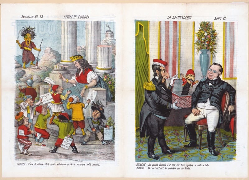 1800s Italian Political Cartoon by Agusto Grossi - I figli d'Europa Lo spauracchio ca. 1878
