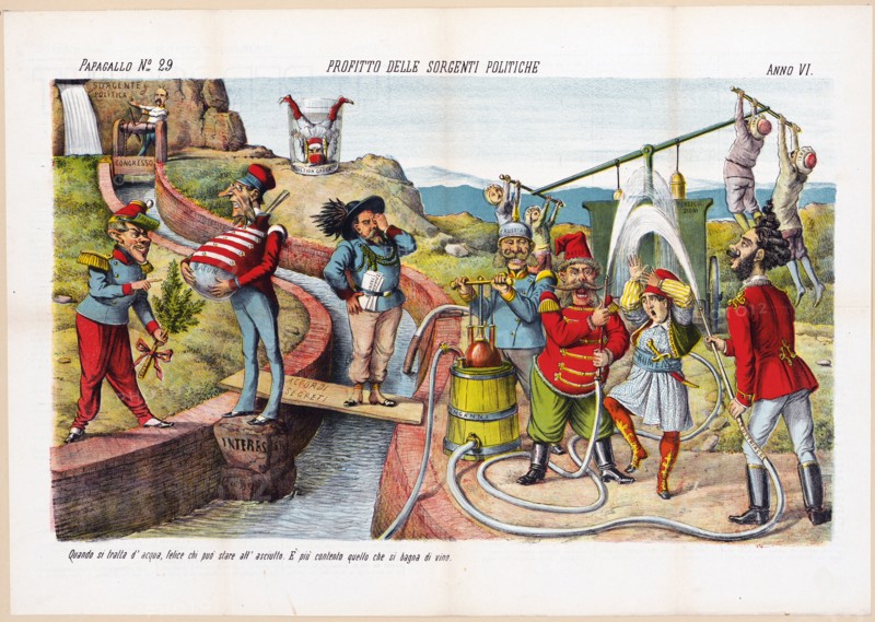 1800s Italian Political Cartoon by Agusto Grossi - Profitto delle sorgenti politiche ca. 1878