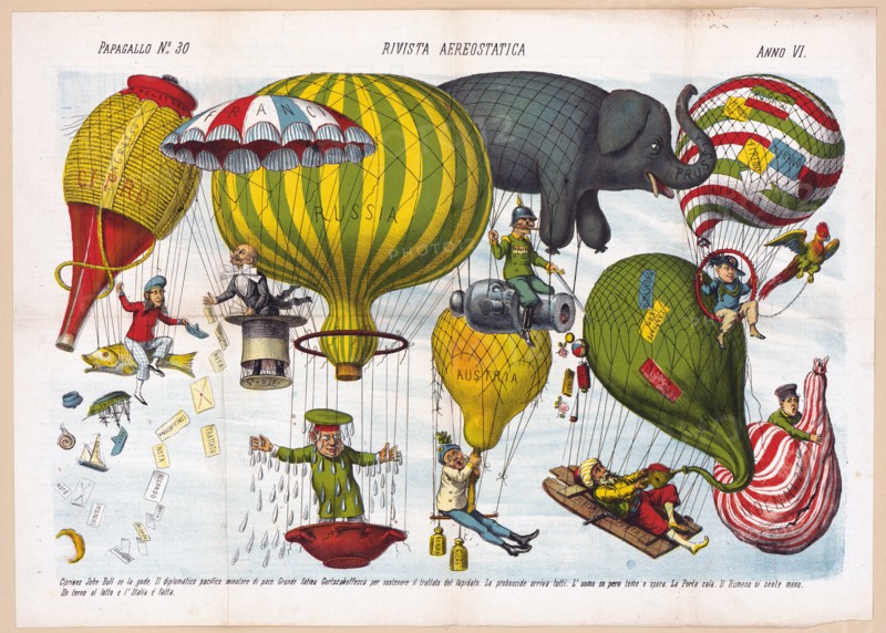 1800s Italian Political Cartoon by Agusto Grossi - Rivista aerostatica ca. 1878