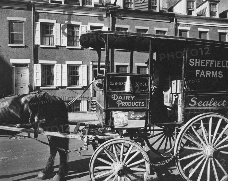 1930s New York City - Milk wagon and old houses, Grove Street, No. 4-10, Manhattan ca. 1936