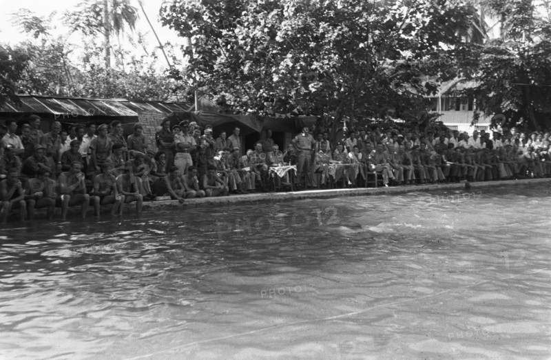 Swimming competition in the Marijke Swimming Pool in Indonesia, Dutch East Indies, Padang, Sumatra ca. 1947