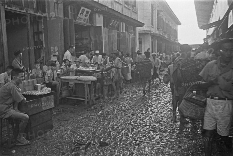 Shopping street in Palembang in Indonesia, Dutch East Indies ca. 1947