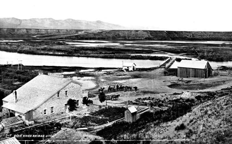 1872 - Bear River Hotel and Bear River Bridge at the crossing on the line of the old stage line from Ogden to Montana (located in Box Elder County, Utah).