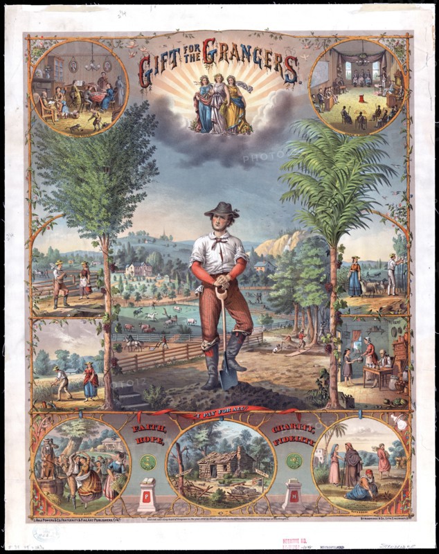 Promotional print for Grange members showing scenes of farming and farm life ca. 1873