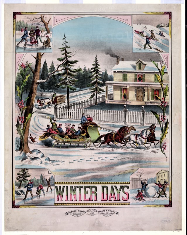 Print shows a winter scene with a large sleigh drawn by four horses, with several men and women riding past a house with a white picket fence and smoke coming out of a chimney on a snowy winter day. ca. 1881