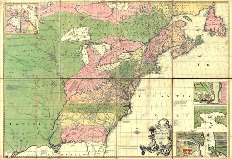 Vintage Maps / Antique Maps - A map of the British and French dominions in North America, with the roads, distances, limits, and extent of the settlements ca. 1755-1761