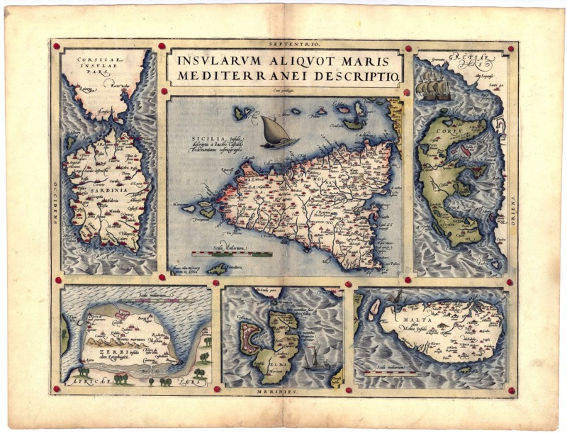 Abraham Ortelius - First World Atlas ca. 1570 - Siclia. Sardinia. Malta olim Melita. Elba olim Ilva, Corfv olim Corcyra. Zerbi