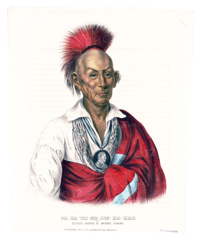 Antique Native American Print - Ma-Ka-Tai-Me-She-Kia-Kiah, or Black Hawk, a Saukie brave ca. 1838