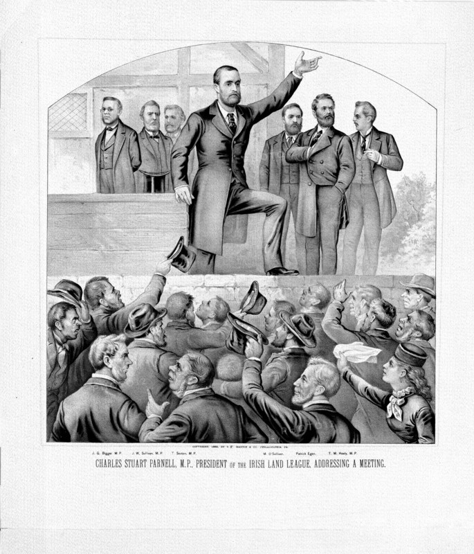 Charles Stuart Parnell, M.P., President of the Irish Land League, addressing a meeting ca. 1883