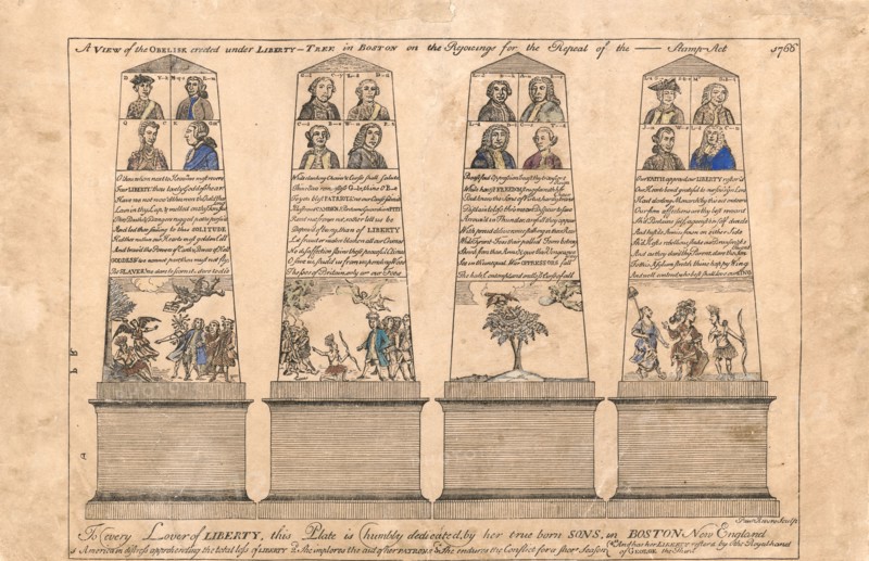 A view of the obelisk erected under Liberty-tree in Boston on the rejoicings for the repeal of the - Stamp Act 1766 (created by Paul Revere)