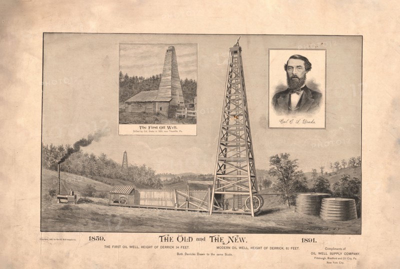 The old and the new., the first oil well..., modern oil well... (possibly printed 1891)