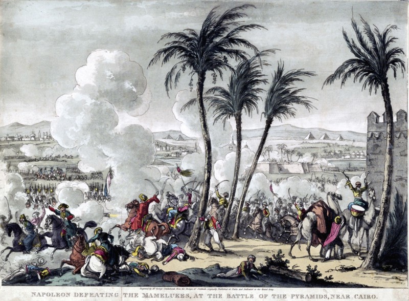 Historical lithograph - Napoleon defeating the Mamelukes, at the battle of the pyramids, near Cairo - ca. 1823