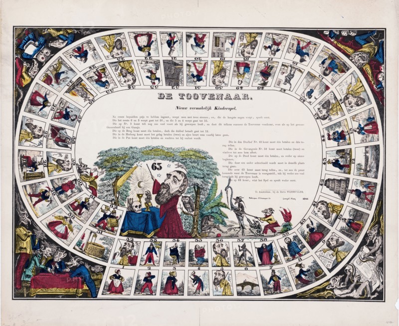 Vintage Dutch game board - De toovenaar, nieuw vermakelijk kinderspel / te Amsterdam, bij de Erve Wijsmuller ca. 1850-1860