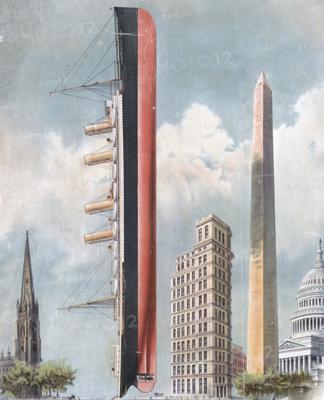 Size comparison of ocean liner 'Kaiser Wilhelm der Grosse' to Trinity Church, the St. Paul Building in New York, the Washington Monument, and the U.S. Capitol building in Washington, D.C. ca. 1898 to 1900