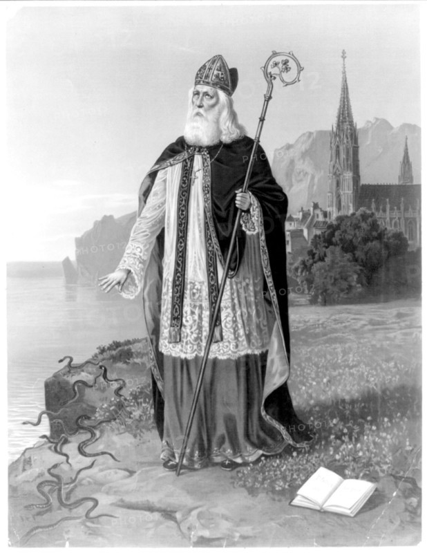St. Patrick pray for your children, printed on open book with saint in foreground, church in background ca. 1888