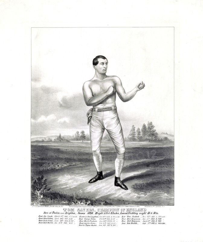 Tom Sayers, champion of England born at Pimlico near Brighton, Sussex 1826, height 5 ft. 8 inches, lowest feichting weight 10 st. 10 lbs ca. 1860