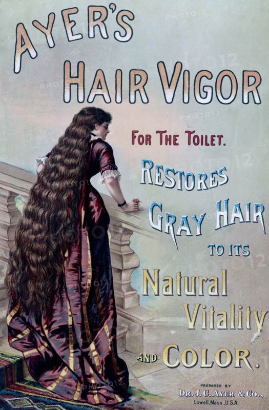 Ayer's hair vigor for the toilet. Restores gray hair to its natural vitality and color ADVERTISEMENT ca.1886