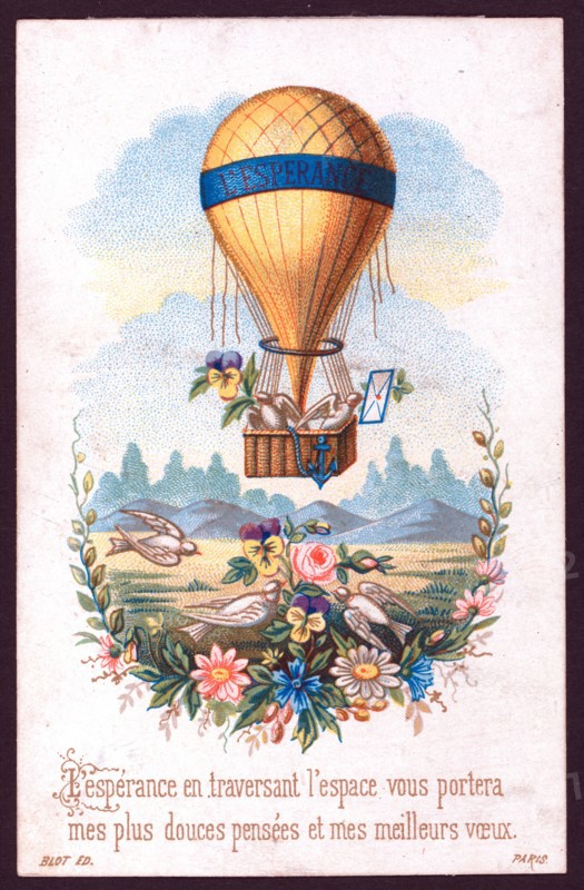 balloon L'Espérance flying over a landscape with two birds carrying a flower and a letter as passengers. 1860-1900