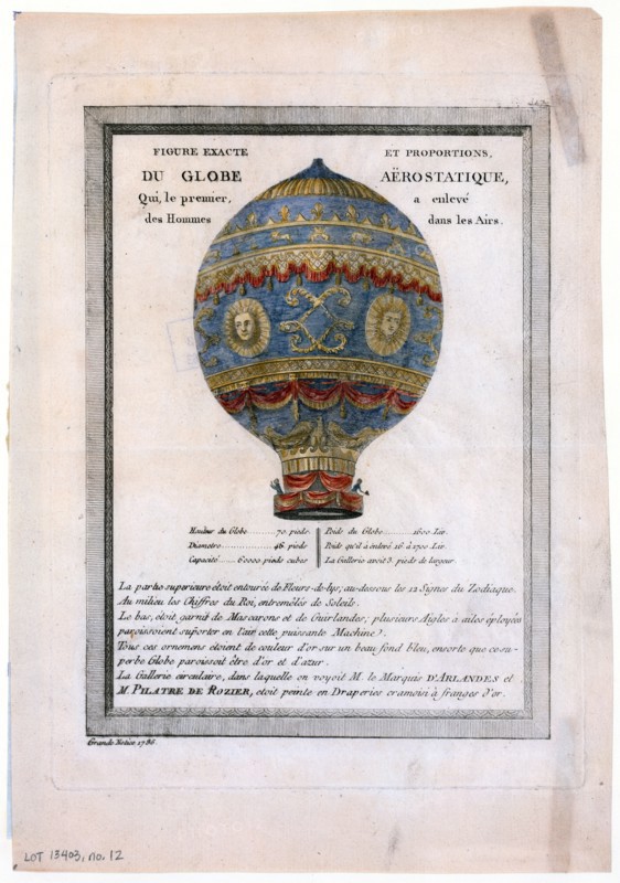 balloon used by Jean François Pilâtre de Rozier and the Marquis d'Arlandes in ascent from Paris, October 19, 1783, reaching an altitude of 330 ft