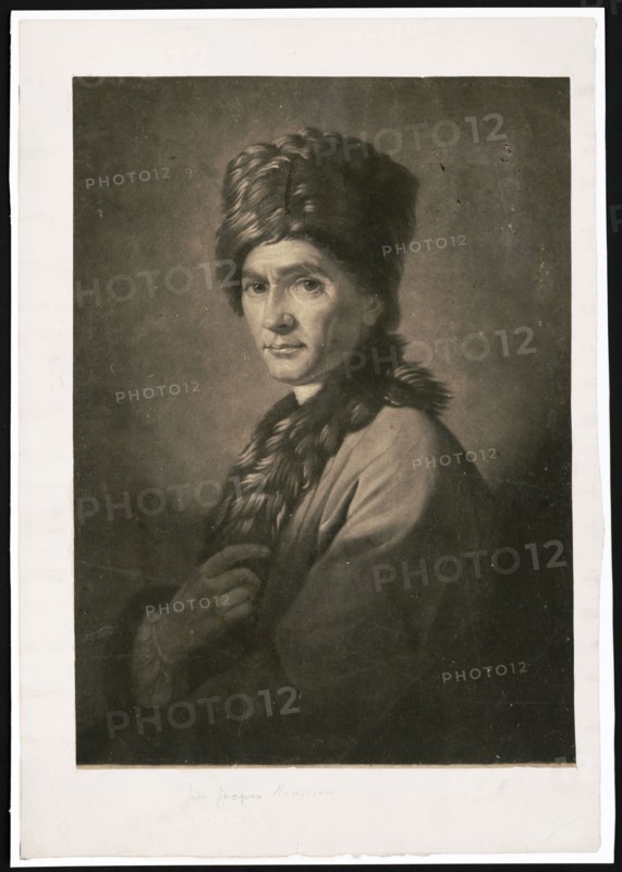 Jean-Jacques Rousseau, half-length portrait, facing left with right hand on chest, wearing fur-trimmed coat and hat ca. 1766
