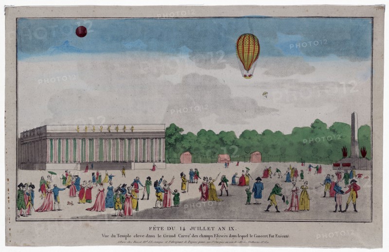 celebration on the Champs Elyseés in Paris, France, on Bastille Day, July 14, 1801. Includes spectators watching a balloon ascension