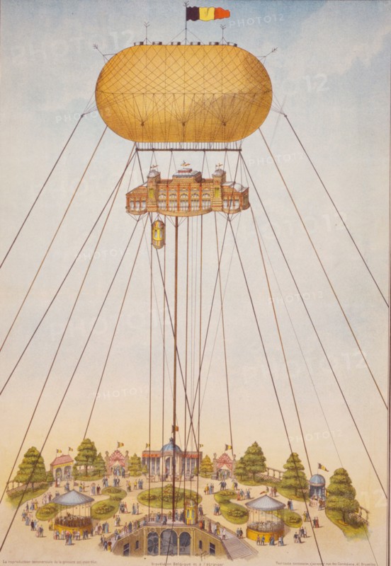 Chateau aérien. Ballon captif à cloisons étanches, système Tobiansky. Exposition universelle 1894. -Belgian poster shows an air station suspended by a captive balloon
