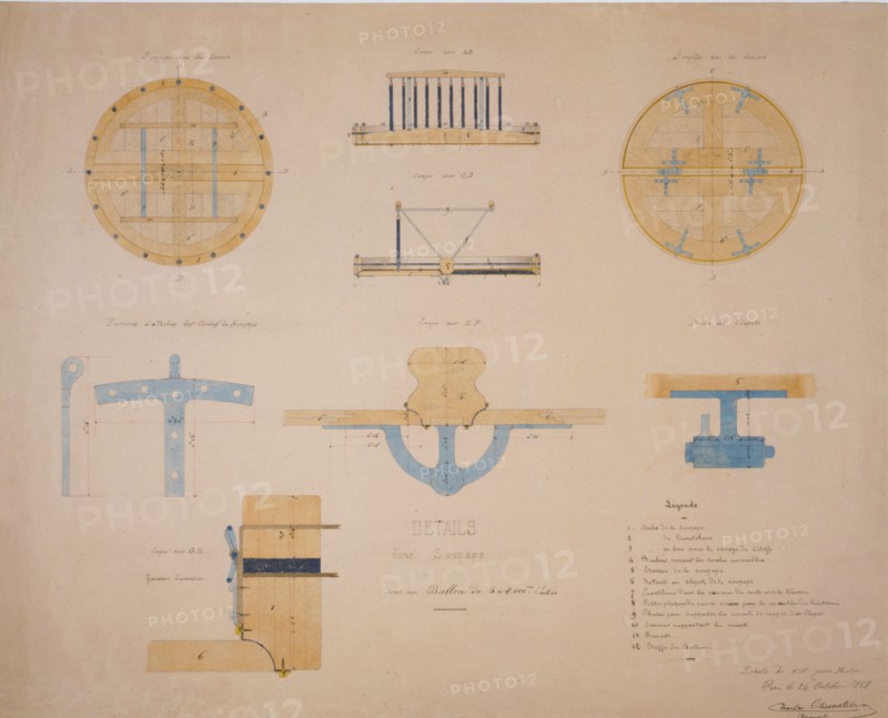 Details d'une soupape pour un ballon de 5 a 8,000 m. cubes Charles Chavoutier, aèronaute, Paris, le 24 octobre 1868.- drawing of balloon valve shows 9 captioned views of