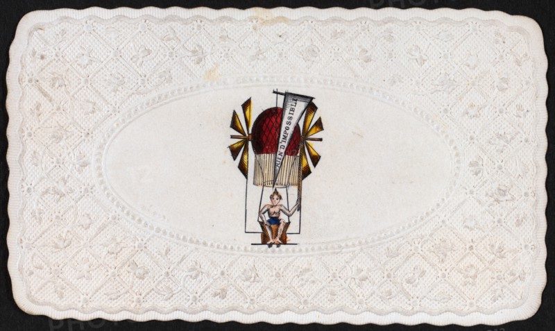 Embossed card shows balloon labelled rien d'impossible ascending with passenger 1860-1900