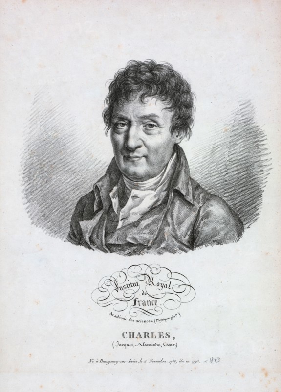 Head-and-shoulders portrait of French balloonist Jacques Alexandre César Charles, who made the first flight in a hydrogen balloon, Dec. 1, 1783