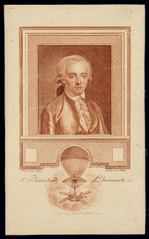Head-and-shoulders portrait of French balloonist Jean-Pierre Blanchard. Includes image of Blanchard's balloon demonstrating his experiments with balloon navigation