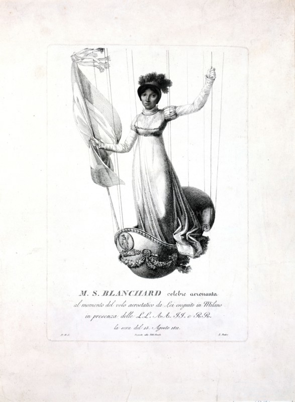 portrait of French balloonist Marie-Madeleine-Sophie Armand Blanchard, standing in the decorated basket of her balloon during her flight in Milan, Italy, in 1811