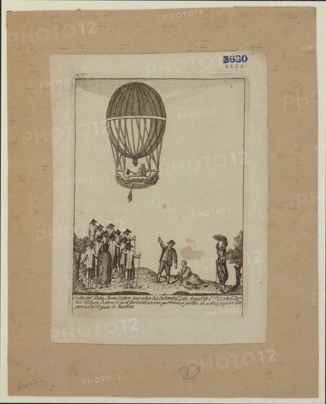 Vincenzo Lunardi riding in the gondola of a balloon ascending from Buon Retiro gardens, Madrid, August 12, 1792; the first balloon ascension in Spain