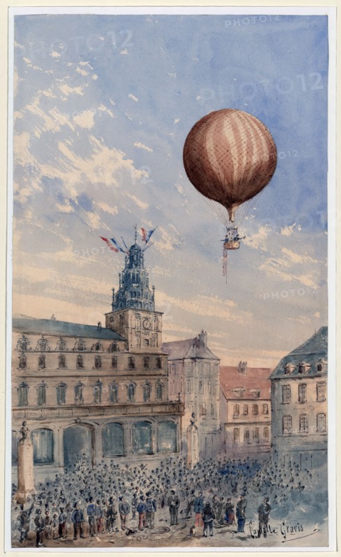 Balloon with two passengers ascending over a town square, with French flags flying from tower and many spectators below