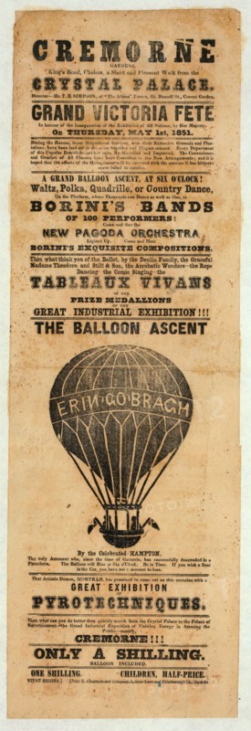 Broadside announce an inaugural festival for Exhibition of All Nations, London, England, 1851. Includes picture of balloon Erin-go-Bragh to publicize ascent by John Hampton