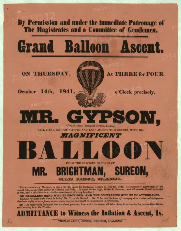 Broadside announcing a balloon ascension by Richard Gypson from Chain Bridge, Spalding, England, 1841.