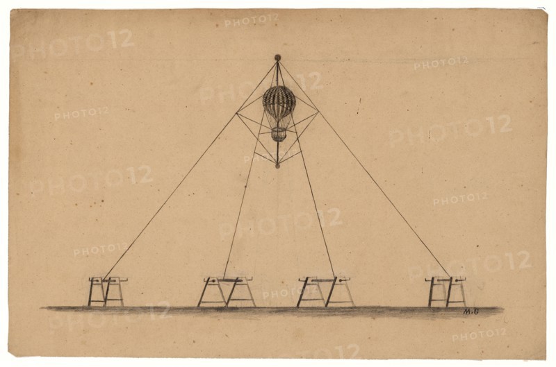 Design drawing for system to raise and lower captive balloon, controlled by four ropes forming a pyramidal shape and operated by winches on the ground below ca 1820-1870