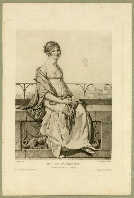 Full-length portrait of Adélaide Montgolfier, seated on a wall with balloons in the background.