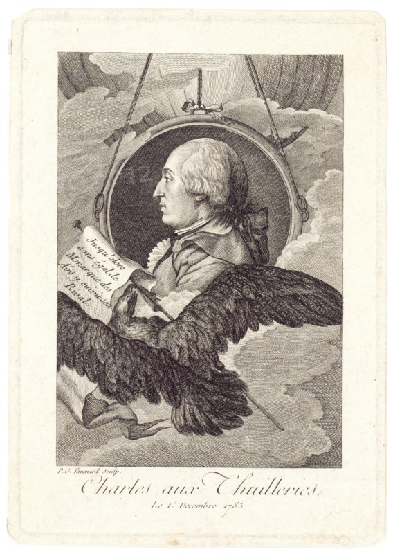 Head-and-shoulders profile portrait of French balloonist J.A.C. Charles, who made the first flight in a hydrogen balloon, Dec. 1, 1783.