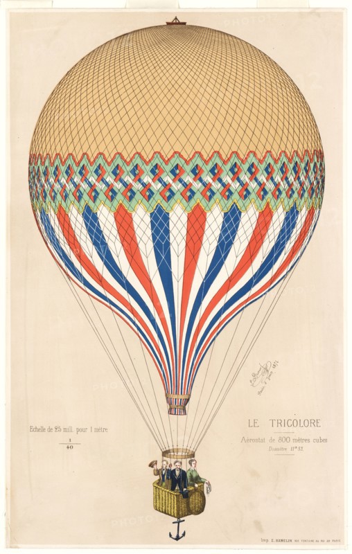 Le tricolore - Print shows the French Le Tricolore balloon in the colors of the French flag with three passengers Paris June 6, 1874