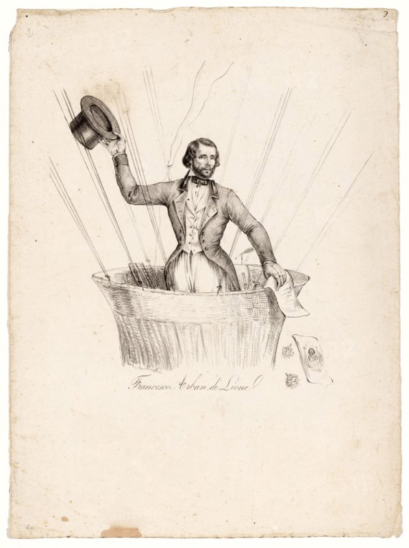 portrait of French ballonist Francesco Arban standing in the basket of a balloon, waving his hat