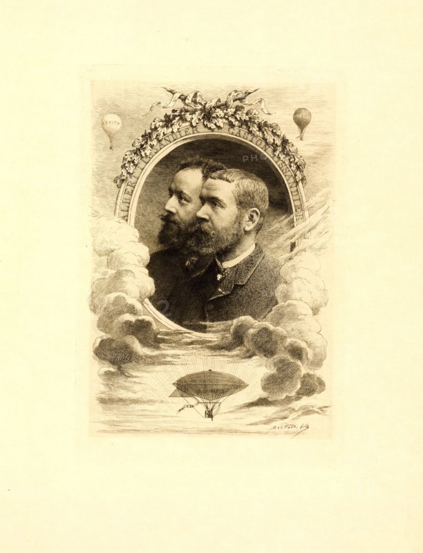 portrait of French balloonists Albert Tissandier (left) and Gaston Tissandier (right) inside an oval, with vignettes above of balloons Zenith and Jean Bart