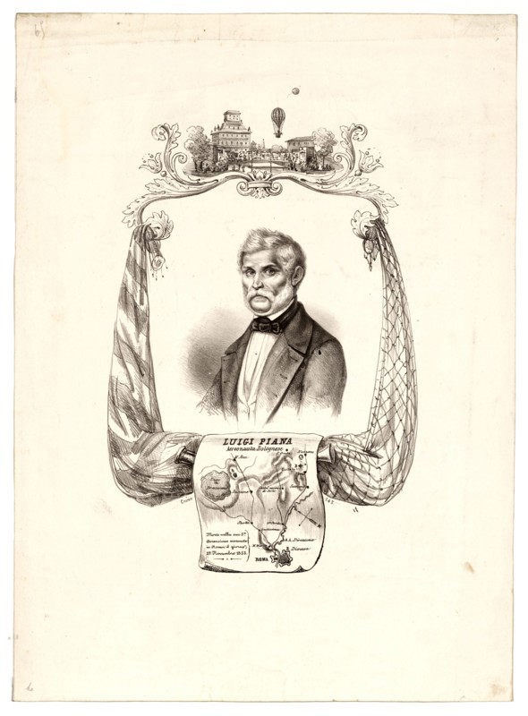 portrait of Italian balloonist Luigi Piana. Includes a map of his various balloon ascents from Rome