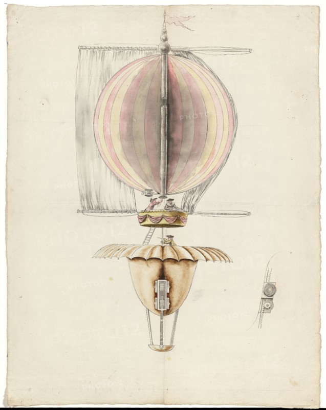 Proposed design for balloon utilizing sails for propulsion, Paris, 1783