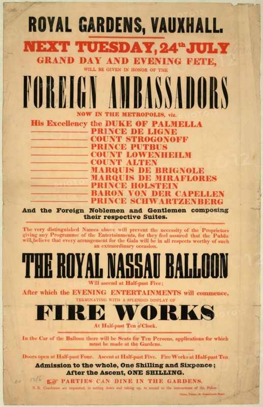 Text-only broadside announcing ascent of Charles Green's balloon The Royal Nassau at the Royal Gardens, Vauxhall, London. ca. 1838