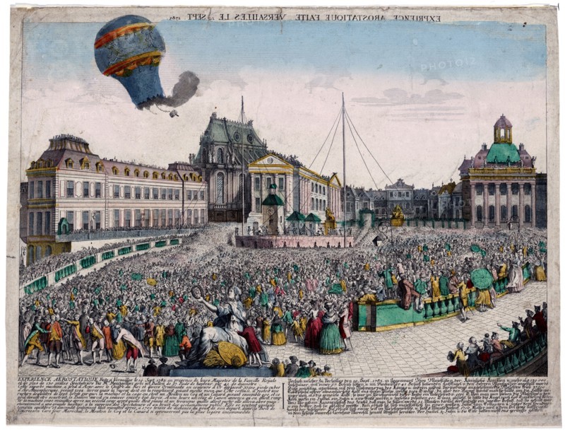 Vue d'optique shows the balloon launched by the Montgolfier brothers ascending from the Palace of Versailles, France, before the royal family, September 19, 1783.