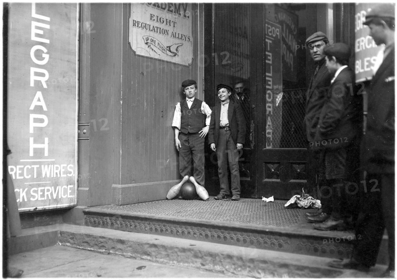 Bowling Alley boys. Many of these work until late at night. New Haven, Conn, March 1909