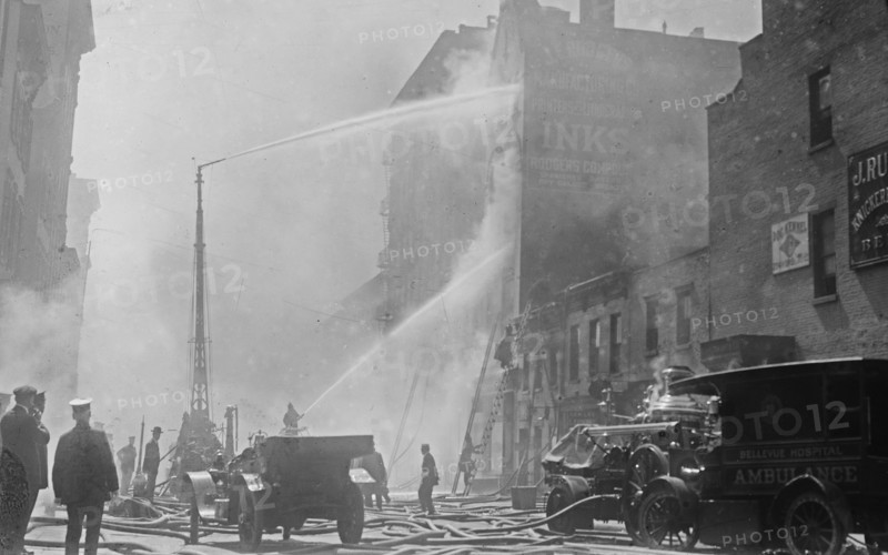A 'Bellevue Hospital' ambulance at scene of the Rogers Ink Works fire (Rodgers Ink Works fire) ca. May 5, 1915