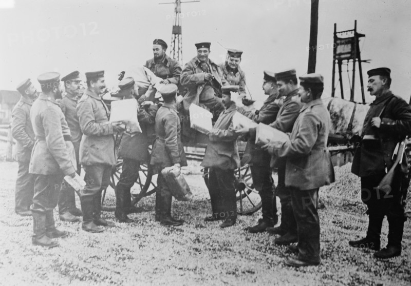 Arrival of gifts for German soldiers during World War I, possibly at Christmas ca. 1914-1915